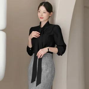 [시크라인] (~XXL까지) 펠리안 타이넥 퍼프소매 블라우스 가을 하객룩 오피스룩 모임룩 격식룩 빅사이즈