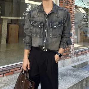 남자 청남방 워싱 웨스턴 포켓 봄 가을 데님 셔츠