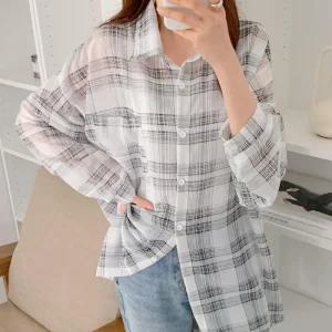 여자 아사남방 시스루 커버업 체크 봄 셔츠_4