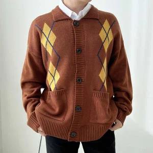 빅사이즈 아가일패턴 니트 가디건 왕단추 오버핏 남녀공용가디건