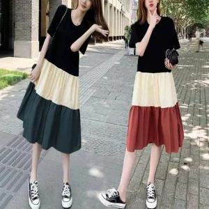 여성 니트원피스 배색 A라인 반팔 라운드 미디 기장