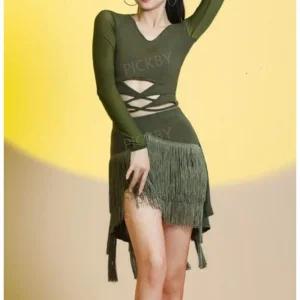 픽바이 라틴 댄스 복 스커트 라인댄스 팬츠 여성용 긴팔 드레스 시스루