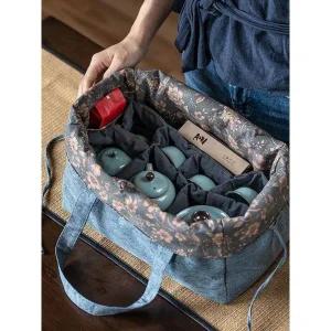 프리미엄 휴대용 패브릭 다구 주머니 다도구 가방 다구싸개 파우치 양면6피스그레이