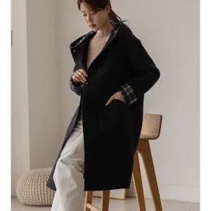 [엘리시아][66-120] 체크 포근 후드 울 코트