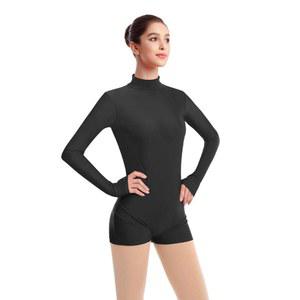 오다스도 여성 모의 목 체조 댄스 레오타드 보이쇼트 긴 소매 바디수트 발레 댄스웨어 원피스 바이케타드 유니타드