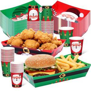 Acellegic 100개 크리스마스 파티 용품 키트에는 일회용 10 x 7인치 대형 종이 음식 트레이 서빙 접시와 겨울 홀리데이 장식용 9온스 종이컵이 포함되어 있습니다