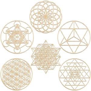 타이인 6개 12인치 성스러운 기하학 목재 벽 아트 세트 젠 메타트론 큐브 홈 데코 스리 얀트라 메르카바 토러스 플라워 매달린 조각 나무 크리스탈 그리드 이교도 7 차크라 벽 데코(버리우드)
