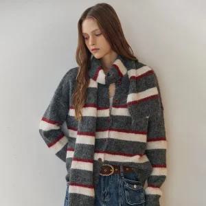 [MAXZA] 스트라이프 라운드넥 가디건&머플러 세트