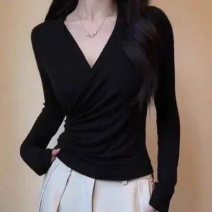 여성 브이넥 슬림핏 랩스타일 기모 긴팔티 오피스 데일리 기본 이너룩