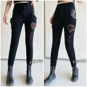 봉숙이 야이별 2025 겨울 기모 신상 따뜻한 여성 스판 허리 밴딩 여자 배기 면 고무줄 팬츠 블랙 검정 색 베기 9부 긴 바지