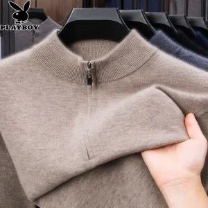 반 목폴라 지퍼 목티 목 폴라티 반폴라티 하프 터틀넥 플레이보이 100 양모 스웨터 중년 남성 겨울용 두꺼