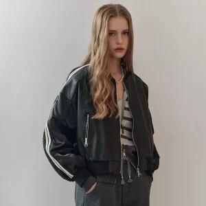 [MAXZA] 사이드 라인 페이크 레더 배색 블루종 점퍼