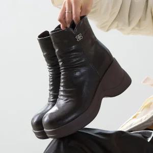 기모안감 도로아 통굽 웨지힐 앵클부츠 7.5cm