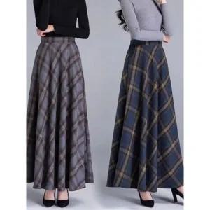 여성 출근룩 정장 스커트 가을 겨울 체크 모직 하이웨스트 A라인 롱 우산 힛템