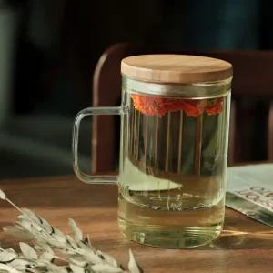 내열 유리 머그컵 거름망 우드 필터 내열 유리 티 머그 물컵 티타임 홈카페 손잡이 투명 차잔 카페 음료