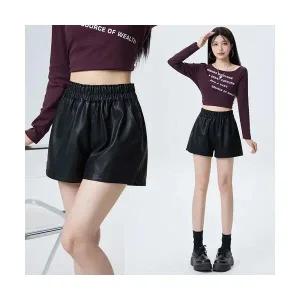 여성 러블리 반바지 밴딩 PU가죽 바지 가을겨울 하이웨스트 슬림핏 A라인 와이드 가죽 반 다올4