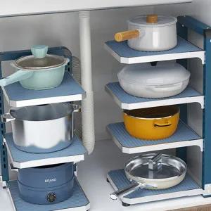 주방 수납 선반 하부장 보관 그릇 싱크대 정리 선반 냄비 거치 후라이팬 정리대 받침대 다용도 조절 높이