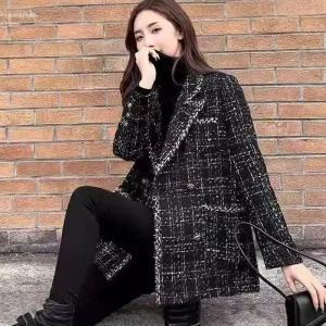 EAMT 여성자켓 추동 루즈핏 체크 모직 코트 트위드 패치 정장 YJ4