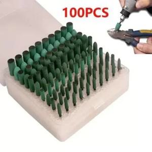 100개 고무 연삭 헤드 3mm 생크 모듬 액세서리 Dremel 폴리쉬 로타리 도구용 장착 포인트 휠 키트(녹색)