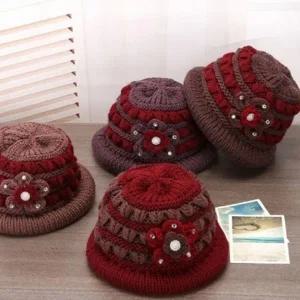 꽃장식 기모 중년 엄마 할머니 니트 벙거지 겨울 방한 할머니 기모모자 겨울모자 방한모자 엄마 여자 여성