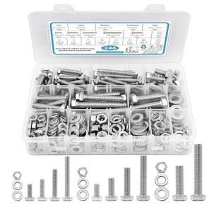 Muasopst 스테인리스 스틸 육각 헤드 너트 및 볼트 모음 키트, 246피스 1/4-20, 5/16-18, 3/8-16 다양한 플랫 & 스프링 락 와셔 박스 포함
