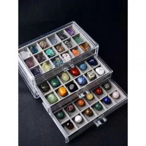 천연 백수정 자수정 황수정 포함 54종 광물 표본 보석 세트 3단 서랍 수납함 보관함