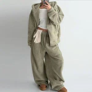 [하프클럽/]여자 겨울 양털 투웨이 후드집업 루즈 와이드팬츠 세트