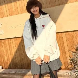 [다잇템] 여자 박시핏 후디 커플티 박스 하트프린팅 보온 티셔츠_23889854_588872