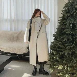 [다잇템] 여성 빅사이즈 목도리 울 롱 카라없는 세트 코트