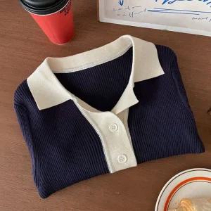 하이 카라넥 여성 골지 슬림핏 긴팔 니트 티셔츠 BONG-WKN-2301-네이비