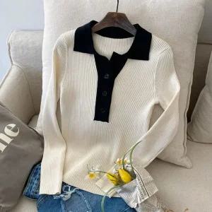 하이 카라넥 여성 골지 슬림핏 긴팔 니트 티셔츠 BONG-WKN-2301-아이보리