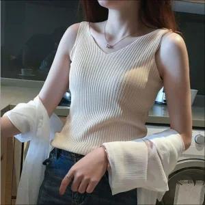 [라일리여성의류] Rly 여성 브이넥 니트 나시 이너 민소매 골지니트 슬