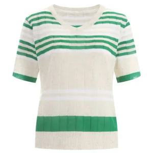 여성 골지 린넨 단가라 V넥 반팔 니트 티셔츠 21DS-WKN-1438-그린