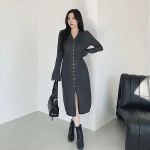 [하프클럽/]여성 V넥 롱 단추 골지 슬림핏 앞트잎 원피스