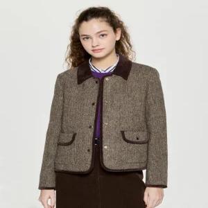 헤지스 여성 25FW [시즌오프]해리스트위드 벨벳배색 숏자켓 다크베이지 HSJA5D907I3