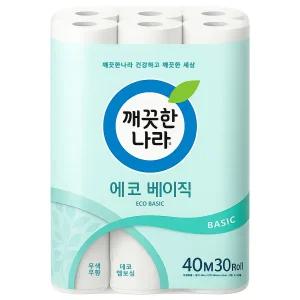 깨끗한나라 에코 베이직 데코 엠보싱 40m 30롤 1팩 휴지