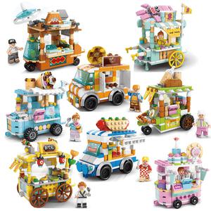 오로라 푸드트럭 스토어 블럭 8가지 상점 먹거리 타운 만들기 조립 꼬치 타코야끼 아이스크림 쥬스 군밤 핫