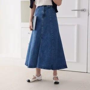 여자 사계절 스판 히든밴딩 a라인 절개 데님 롱 스커트 봄 여름 가을 겨울 간절기 플레어 청스커트