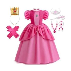 슈퍼 피치 공주 여아 드레스 왕관 코스프레 핑크 프린세스 어린이 마리오 코스튬 의상