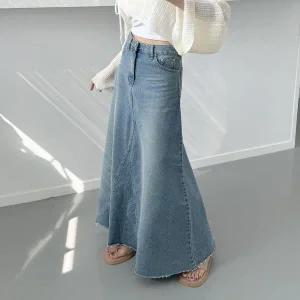 [하프클럽/]여자 후레아 컷아웃 데님스커트 진 롱스커트
