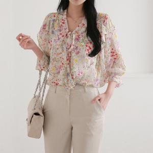 [M7] 여자 꽃블라우스 꽃무늬 여리핏 리본보우 셔츠