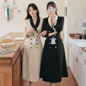 [시크라인] (~XXL까지) 판테라 배색 숄카라 벨티드 플레어 원피스 봄,가을 하객룩 오피스룩 격식룩 데이트룩