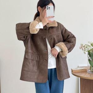 [옷자락]여자 가을 겨울 무스탕코트 레더 퍼카라 포켓 점퍼