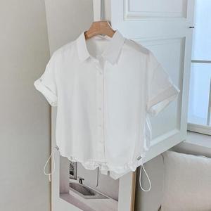 여자 셔링 밑단 스트링 반팔 코튼 블라우스