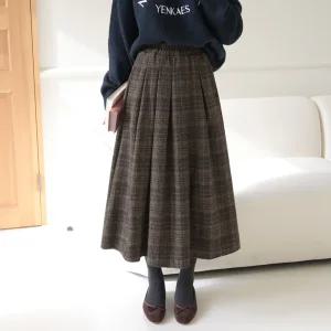 [데일리앤]  페리온 여성 밴딩 울 모직 체크 롱 치마 겨울 플레어 스커트