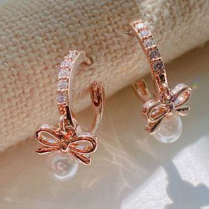 [예쁨] 멜로우 리본 진주 드롭 원터치 링 귀걸이 ( 전기도금 )