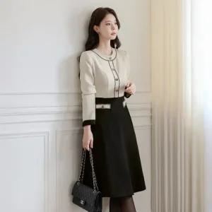 XXL까지) 다이라 트리밍 트위드 플레어 원피스 겨울 오피스룩 하객룩 연말룩 모임룩 빅사이즈