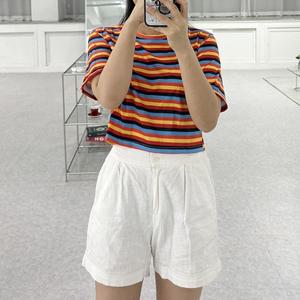 여성 스트라이프 크롭티 반팔 티셔츠 데일리 반팔티