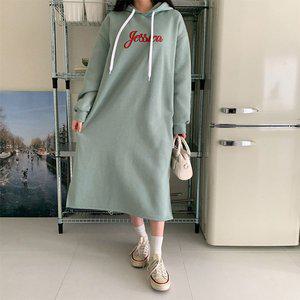 [기타]기모 제시카 레터링 후드 롱원피스