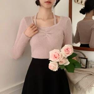 앞셔링 하트넥 끈 앙고라니트 발레코어룩 여리핏 홀터넥니트 겨울 데이트룩 페미닌룩 nt4261